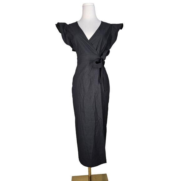 NWT! $495 A.L.C. Walker Ruffled Shoulder Midi Wrap Dress Black Size 6 alc - Picture 1 of 11